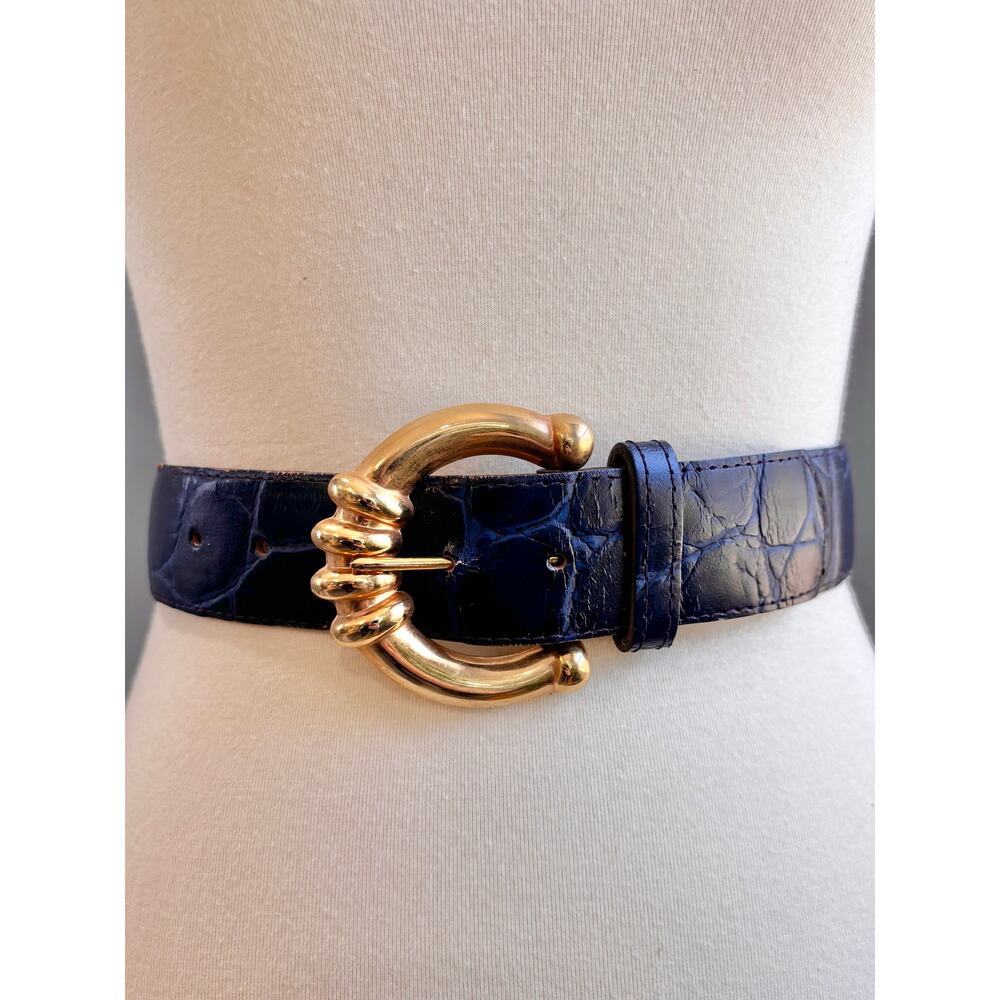 VTG Kandell and Marcus Navy Blue Croc Embossed Leather Belt Gold Buckle, XL